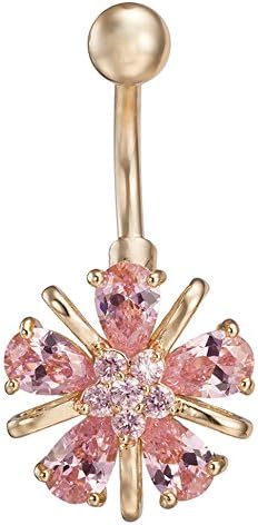 Tiffinys Jewelry Stainless Steel Belly Button Rings Flower-Shaped Crystal Screw Navel Bars Body Piercing (Pink)