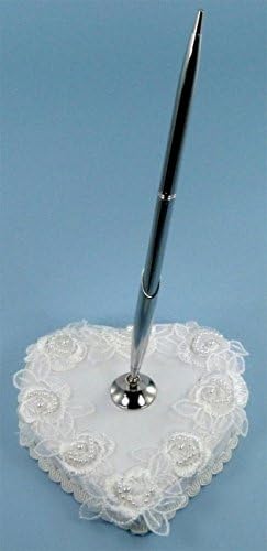 Wedding Pen and Satin Stand Set Adorned with Pearl-Accented Lace #E0AD0PS (WHITE & SILVER)