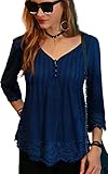 Angashion Women's Flare Sleeve Lace Splice Loose Trim Casual Blouse T-shirt Tops (US 14/Tag 4XL, Navy Blue)