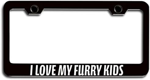 Makoroni - I LOVE MY FURRY KIDS Cat Pets Bl Steel License Plate Frame, License Tag Holder