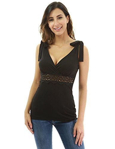PattyBoutik Women Crochet Lace Inset Empire Waist Strappy Blouse (Black Small)