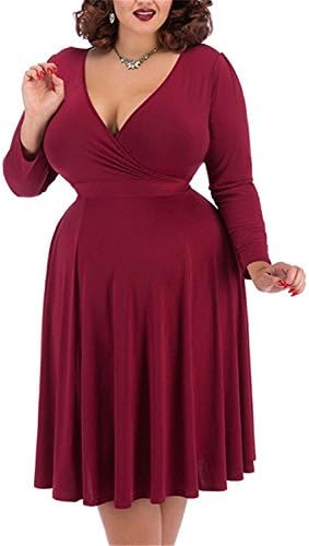 Roadown Women's V-neckline Stretchy Casual Midi Plus Size Bridesmaid Dress Wine-Long20 Plus Comfort