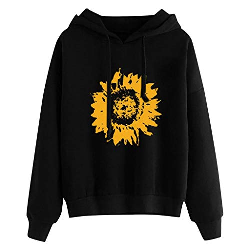 LONGDAY Women Hoodies Top Floral Print Long Sleeve Sweatshirt Basic Lightweight Graphic Sweatshirt Hooded Pullover Black