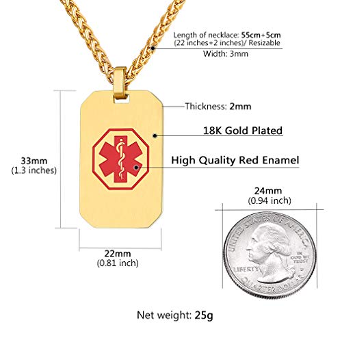 Supcare Personalized Medical Alert ID Tag Necklace Jewelry for Women/Men/Kids, Medical Emergency Identification Dog Tag Necklace Stainless Steel 18K Gold Plated