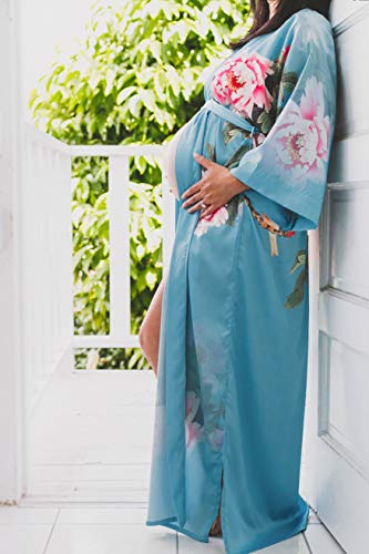 Old Shanghai Women's Kimono Robe Long - Watercolor Floral, peony & bird - cameo blue, One Size