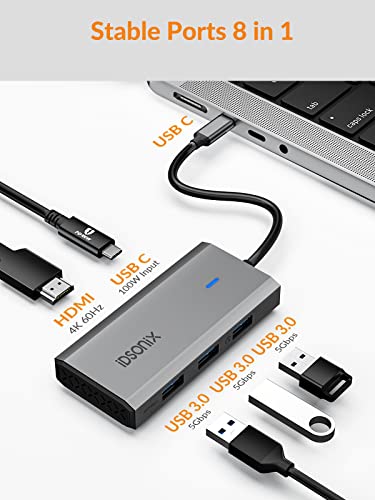USB C Hub, iDsonix 5-in-1 Aluminum USB C Hub Docking Station with 4K HDMI, 60W Power Delivery, USB 3.0 5Gbps Data Ports, USB C Hub for MacBook Air/Pro, iPad, HP, Dell and More (Grey)