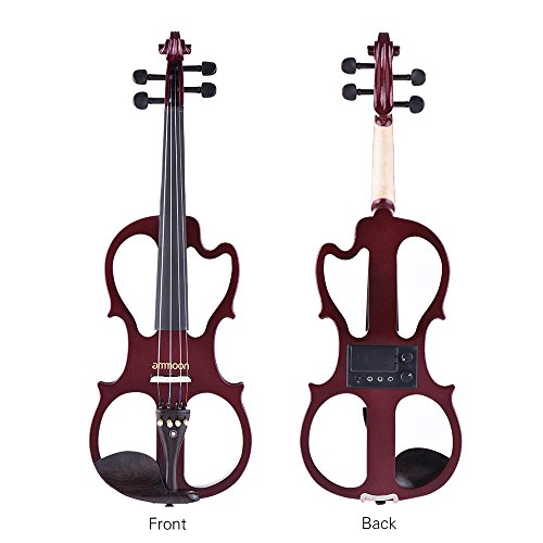 VE-201 Full Size 4/4 Solid Wood Silent Electric Violin Fiddle Maple Body Ebony Fingerboard Pegs Chin Rest Tailpiece with Bow Hard Case Tuner Headphones Rosin Audio Cable Extra Strings Burgundy