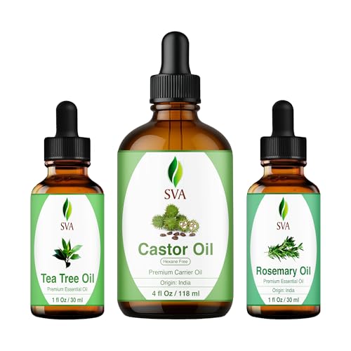 SVA Castor Oil 4oz, Tea Tree Essential Oil 1oz and Rosemary Essential Oil 1oz Bundle Super Saver Combo – Premium Grade Value Set for Scalp Massage, Hair Care, Skin Care, Body Massage and Aromatherapy