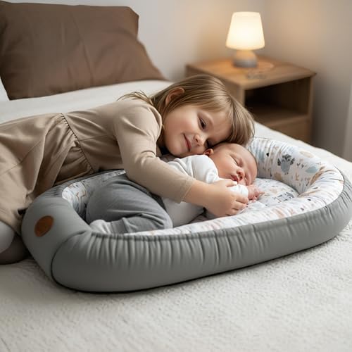 Baby Bed Reducer – 90 x 50 cm Baby Nest Transportable for Babies Nest Crib Pod Cocoonababy Babynest Antisuffocation Owls Light Grey