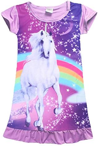 Comfy Girls Unicorn Printed Rainbow Princess Casual Dress Nightgown Nightie