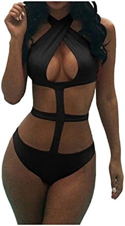 Nothar Women's Bandage Criss Cross One Piece Monokini Swimsuit Swimwear FBA Black M,Black,Medium