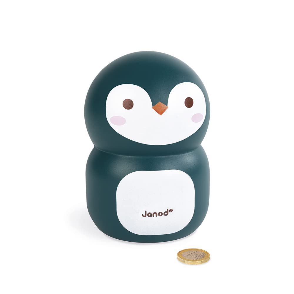 Janod - Wooden Penguin Money Box 15 cm - Children's Room Decoration - From 3 years old, J04650, Midnight Blue/White