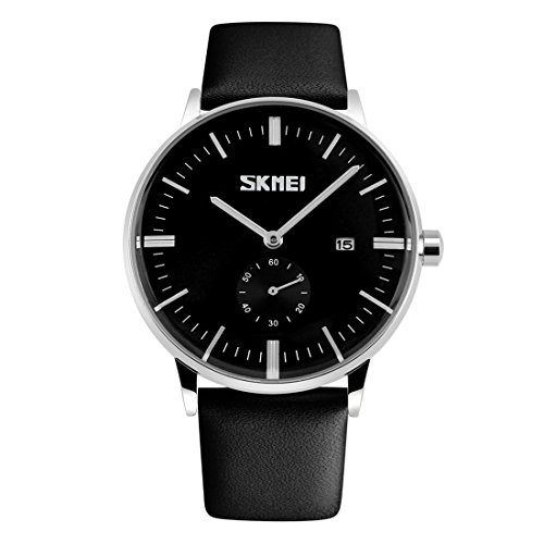 Gets Men Classic Watches Leather Strap Simple Dial Date Calendar Analogue Display Wrist Watch (Black Strap with Black face)