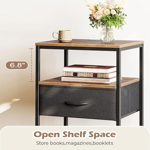 KAPEICamper Nightstand with Charging Station, Bed Side Table with Adjustable Fabric Drawer, Night Stand for Bedroom, 3-Tier Storage End Table, for Living Room, Rustic Brown and Black