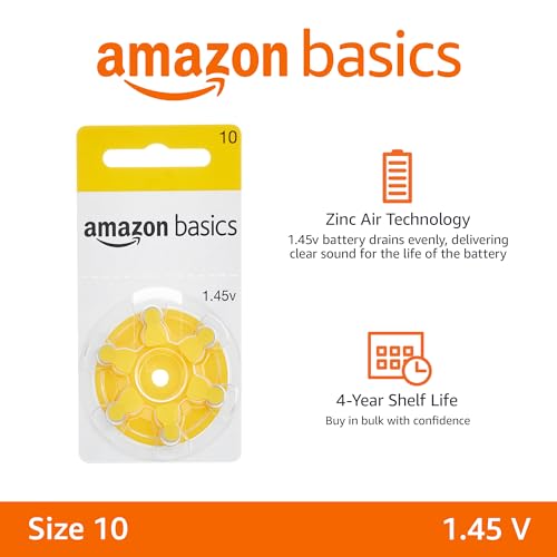 Amazon Basics 60Pack Hearing Aid Size 10 ZincAir Batteries, 1.45 Volt