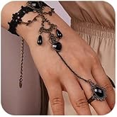 Missgrace Women Vintage Gothic Black Lace Bracelet with Ring Bangle Bracelet Metal Crystal Charm Steampunk Lace Black Chain Tassel Bracelet Rings for Women