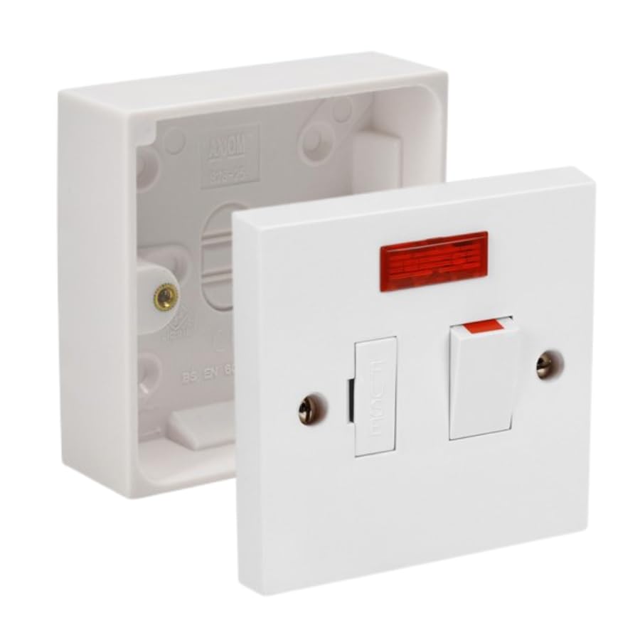 Fused Spur Side Flex 13Amps White Electrical Connection Unit - Optional Neon Indicator, Single 25/35/45mm Pattress Back Box Surface Mounted 1 Gang (Switched Fused Spur with Neon, SET with 25mm Box)
