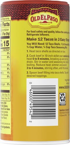 OLD EL PASO TACO SEASONING, 25% LESS SODIUM, LARGE SIZE, 6.25 OZ.