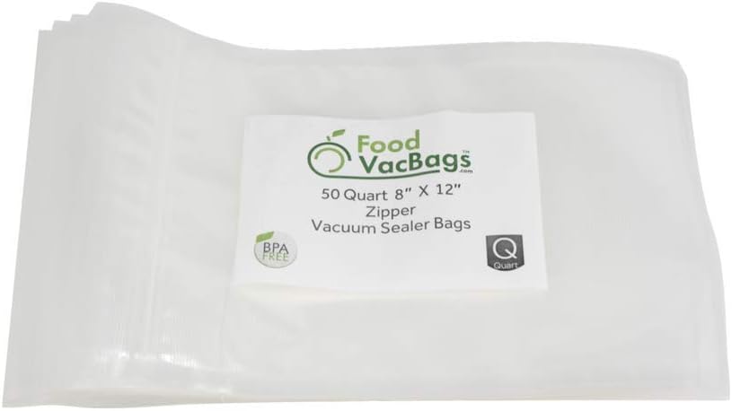 Zipper Vacuum Seal Bags (50 Count), FoodVacBags Compatible with Weston, Foodsaver, 4 mil Heavy-Duty Commercial Storage, Clear (Quart 8" X 12")