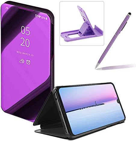 Clear Window View Case for Huawei P30 Lite,Bookstyle Mirror Flip Cover for Huawei P30 Lite,Herzzer Luxury Noble Light Purple Mirror Effect Plated Metal Electroplate PU Leather Case with Stand