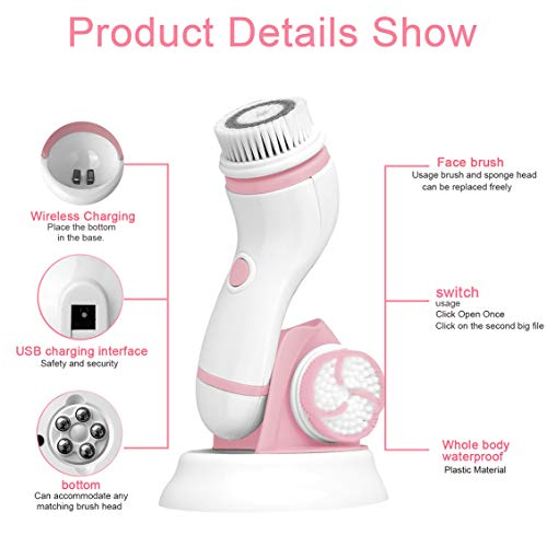 Gackoko Facial Cleansing Brush- with advance Latest Ion Technology & 4 Brush Heads for chargeable Electric Rotating Face brush -Awaken skin vitality for Deep Cleansing, Exfoliating ,Blackhead (Pink)