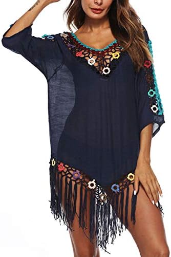 Women's Swimsuit Cover Ups Tassel Crochet Beach Dress Bohemian Bathing Suit Coverups