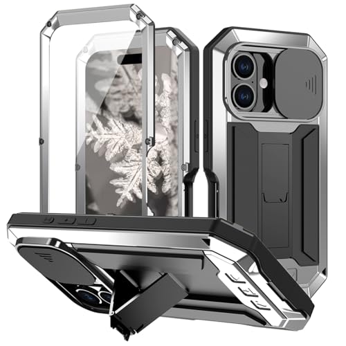 qichenlu Protector de pantalla de metal de silicona de 360 grados, compatible con iPhone 16, soporte de protección para cámara deslizante, estándar militar 810G, funda blindada a prueba de caídas,