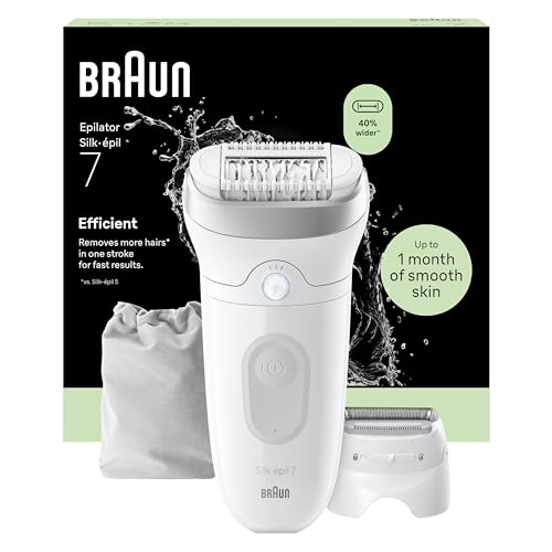 Braun Silk-Épil 7 Epilatore Elettrico Donna con Testina Ampia per Facile Rimozione Peli, Rasoio Elettrico Donna, Wet&Dry, Pelle Liscia a Lungo, con Testina Radente, Cappuccio Regolatore,7-030,Argento