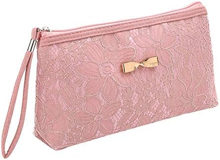 DaoRier Fashion Lace Design Zipper Cosmetic Bags Makeup Bags Bow-Knot Female Zipper Cosmetics Bag Clutch Bags for Girls-Pink