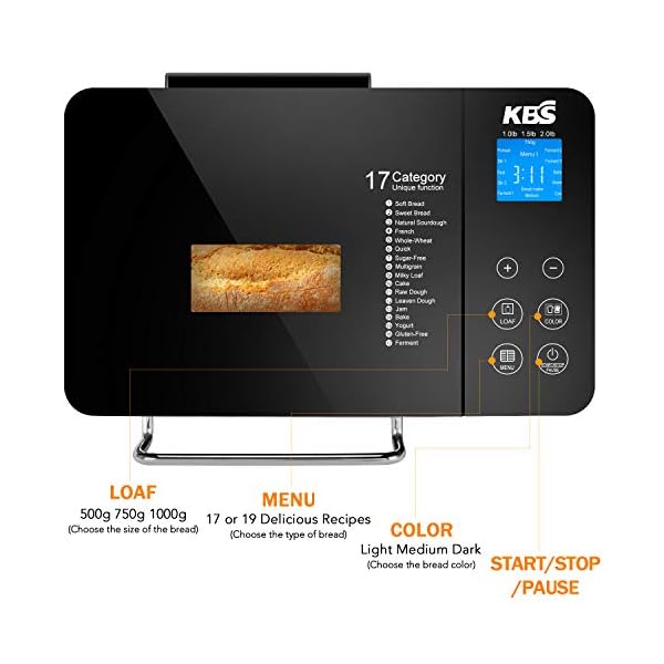 KBS Pro Stainless Steel Bread Machine, 2LB 17in1 Programmable XL