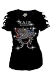 Bling Hair Designer Rhinestones T-shirt Ripped Slit Cut Out Salon Short sleeve