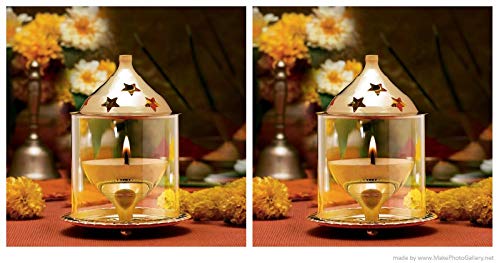 Metal Handicafts Presents Brass & Glass Golden Akhand Diya | Pack of 2 |(Gold_3.9 Inch X 3.9 Inch X 5.9 Inch) for Puja for Diwali Puja Navratra Puja