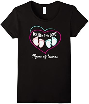 Women's Mom of Twins Tshirt Double the Love. Boy girl twins Mama Large Black