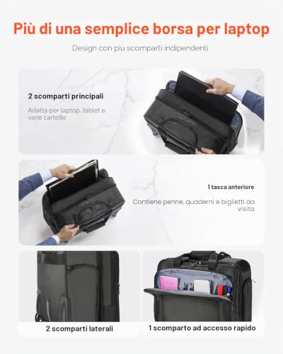 Borsa per Laptop e Computer con Rotelle, 43,9 cm, Valigetta con Ruote Girevoli e Maniglia Telescopica Tessuto Oxford, Custodia per Laptop per Lavoro, Viaggi, Sagga per Affari, Nero
