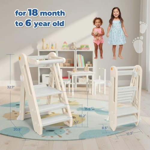 Beauenty Learning Tower, Foldable Children'S Kitchen Step Stool, Adjustable Height Step Ladder Montessori Kids Standing Tower, With Handles, Safty Rail, For Kitchen Counter Bathroom Sink Child Ladder