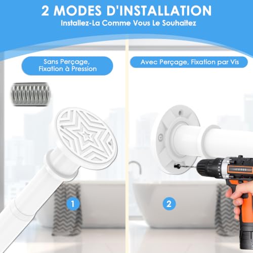 Curtain Rod, No Drilling, White, 78-284 cm, Extendable Curtain Rod, 28 mm, Heavy Duty Pressure, Adjustable, Installation Without Drilling or Screw, for Bathroom, Window, Door