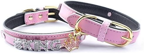 SlimArmor(TM) Padded Leather Customized Cat Dog Personalized Puppy Collars With Crown Pendant Rhinestone Free Name &amp; Charm [ Pink XS ]