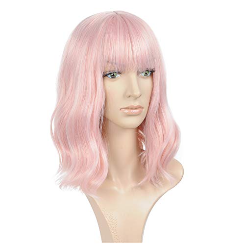 incohair 14 Inch Pink Wig Pastel Wavy Wig with Air Bangs Women Girls Short Bob Curly Wig Shoulder Length Lace Seam Synthetic Cosplay Wig Wig Cap Included