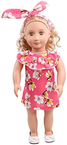 Wokee New Cute Doll Clothes Set Headband And Skirt Summer Outfits Party Dress For 18 inch Our Generation American Girl Doll (Pink)