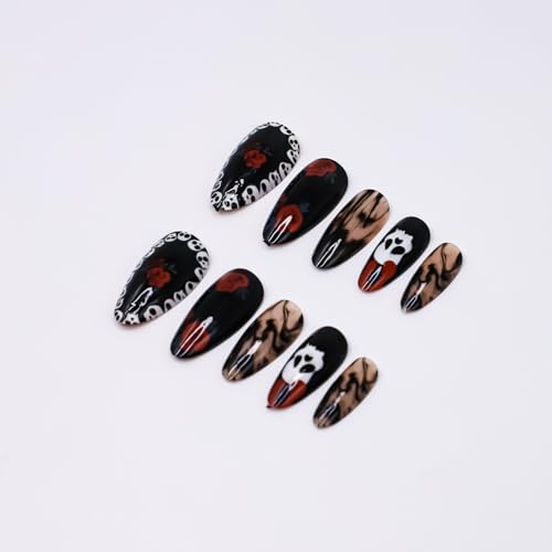 24 Pcs Black Nails Halloween Press on Nails Medium Length Fake Nails Almond RIICFDD False Nails with Red Rose and Skull Pattern Design Full Cover Horror Stick on Nails for Women and Girls - Image 5