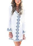 Singlelady Women's Embroidery Long Sleeve Pompom Beach Cover up Tunic Dress(FBA)