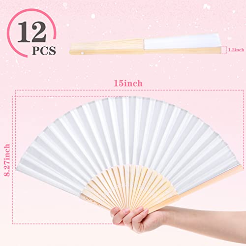 JOHOUSE 12PCS White Folding Fans, Handheld Fabric Fan Foldable Chinese Japanese Bamboo Fans for Women Wedding Dancing DIY Wall Decoration