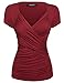 Zeagoo Women's Wine Red Variations Cross-front V Neck Ruched Long Sleeve Blouse