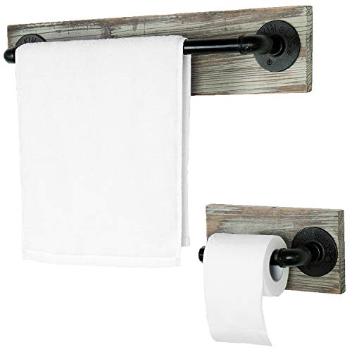 MyGift 2Piece Dark Brown Wood & Metal Pipe Wall Mounted Bathroom Towel