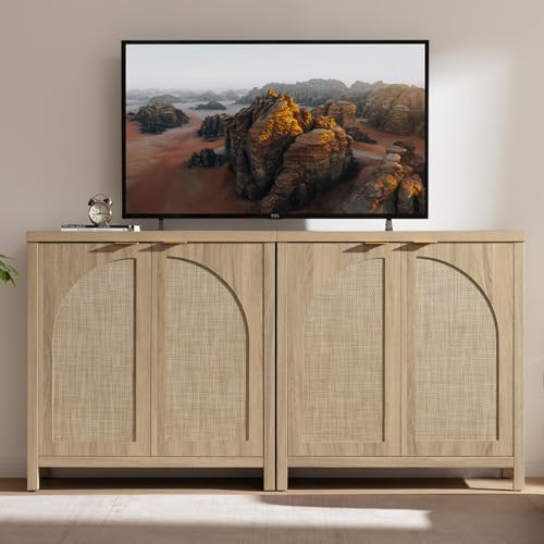 SICOTAS 34'' W Rattan Sideboard Buffet Cabinet with Storage, Boho Buffet Cuisine Arched Coffee Bar Accent Cabinet, Large Credenza Mid-Century Modern Buffet Table TV Stand for Living Room, Entryway
