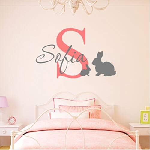Lovemq 60Cm Wide,Personlized Girls Boys Name Wall Decals Nursery 2 Rabbits Wall Stickers for Kids Room Custom Name Stickers Muraux Easter Eggs