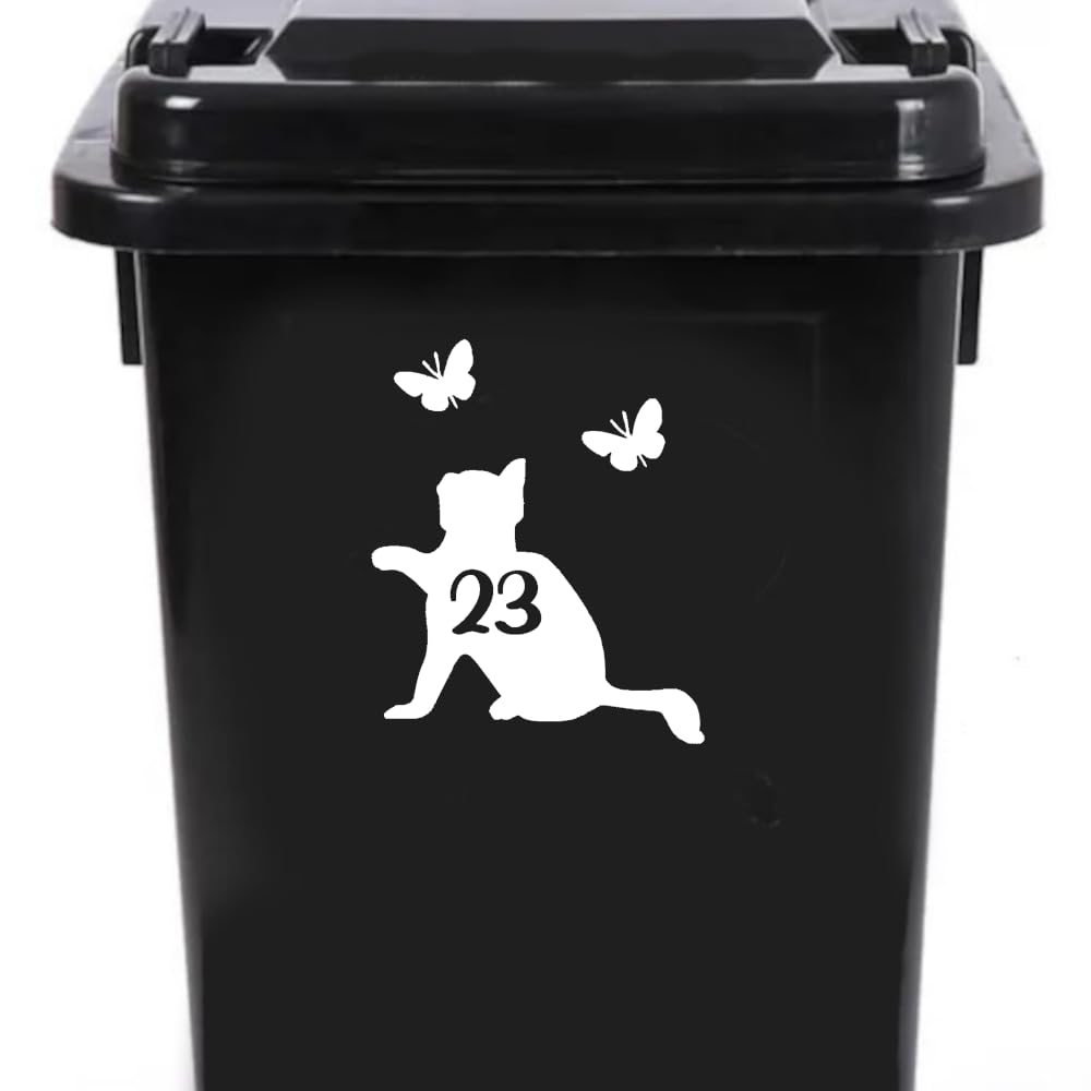 Cute Cat Chasing Butterflies Waterproof Wheelie Bin Stickers - Vinyl Material - Gifts for Cat Lovers - Bin Stickers for Wheelie Bins - Stick on Numbers - Bin Labels (23)
