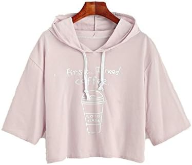 VITANS Women Coffee Cup Slogan Print Drawstring Hooded Loose Fit Short T-Shirt