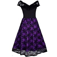 Swing Dress Women Plus Size Bridesmaid Casual Cocktail Lace Party Short Retro (4X(Knee Length), Black/Purple Lace 3)