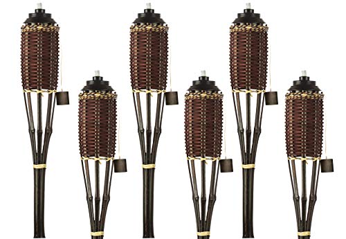 Brown Weave Bamboo Torches; Decorative Torches; Fiberglass Wicks; Extra-Large (16oz) Metal Canisters for Longer Lasting Burn; Stands 59" Tall (6 Pack)